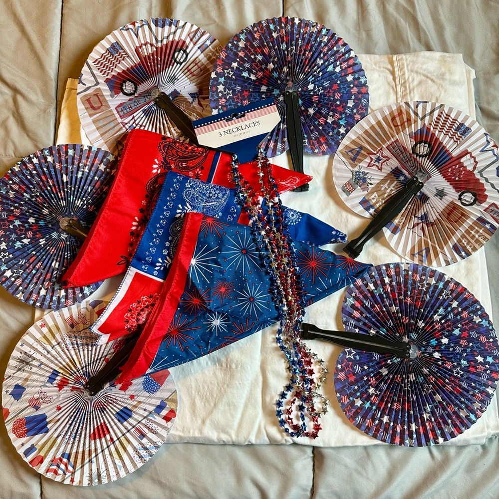 Patriotic Party Supplies Set with Fans, Necklaces, and Bandannas